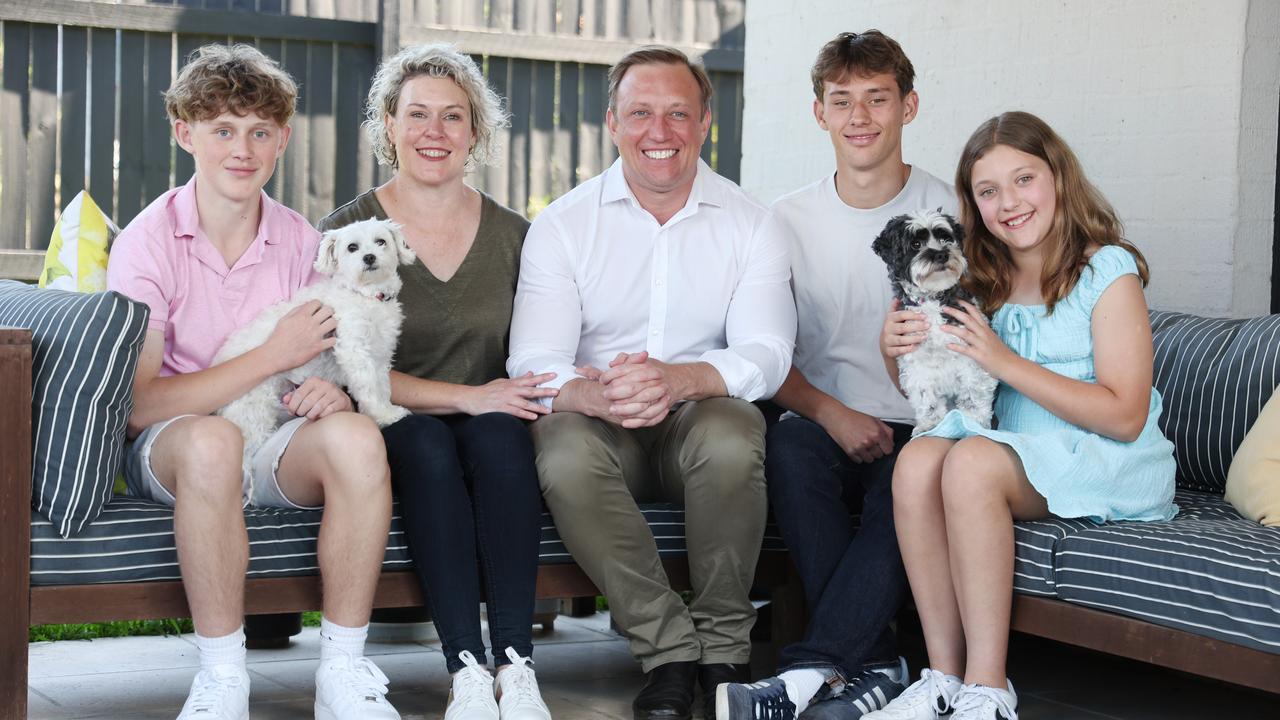 Premier Steven Miles at home with his wife Kim McDowell and children Aidan, 13, Sam, 16, and Bridie, 10, and dogs Lucy and Poppy. Picture: Tara Croser