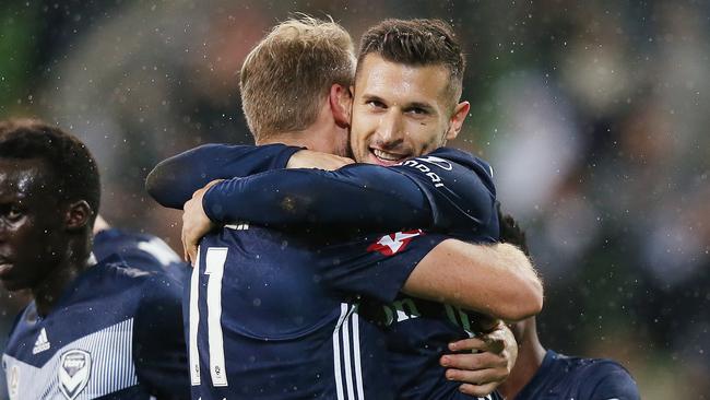 Forwards Ola Toivonen (left) and Kosta Barbarouses are among eight Melbourne Victory stars who will be rested from Wednesday night’s Asian Champions League clash in South Korea. Picture: Getty Images 