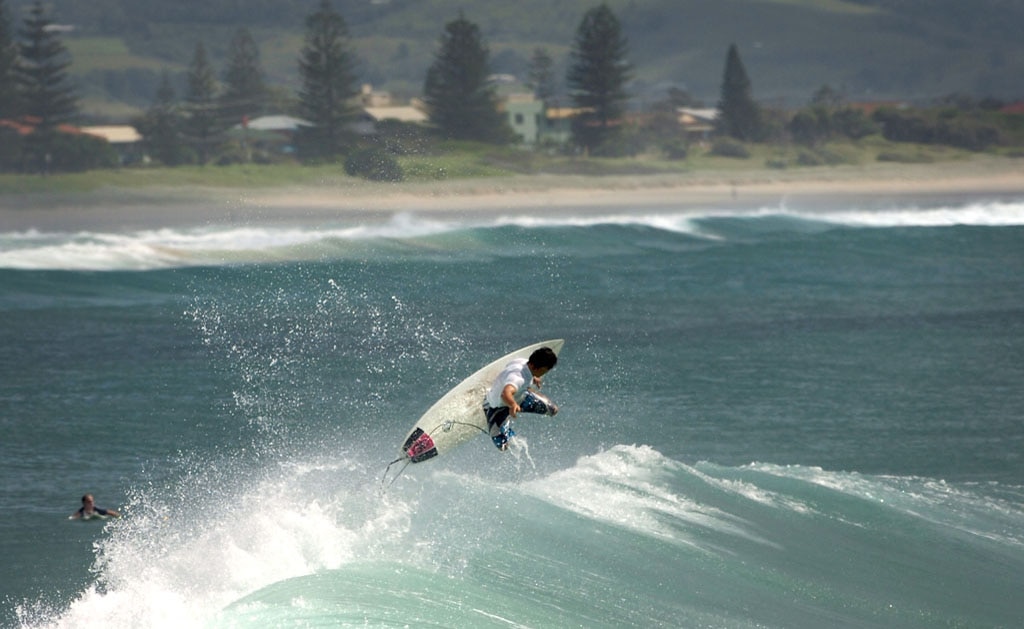 Enjoying large swells at Lennox Head.