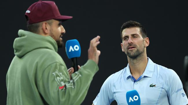 Nick Kyrgios interviews Djokovic after his quarterfinal win. (Photo by Daniel Pockett/Getty Images)