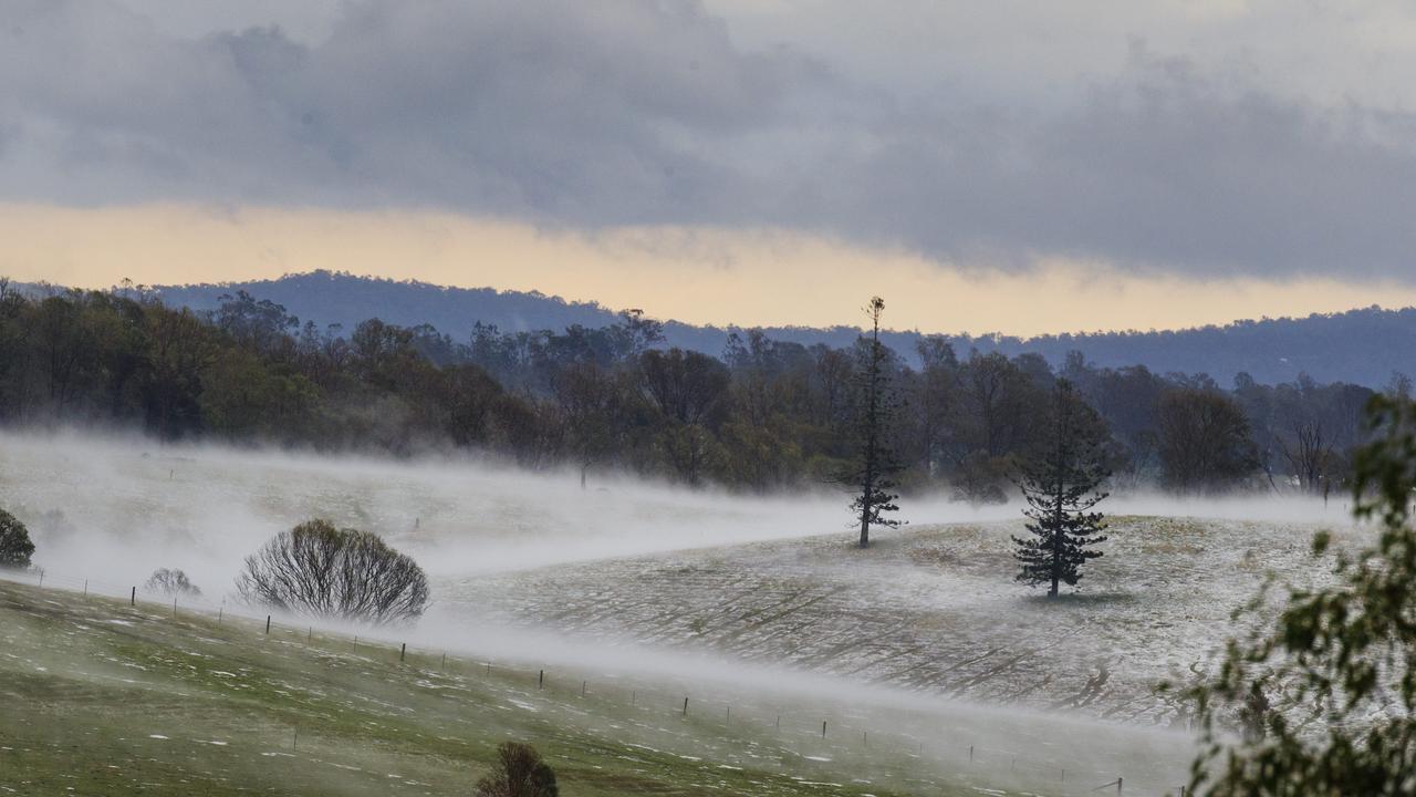 Properties at Long Flat south of Gympie resembled snowfields after a super cell dumped hail, tore down trees and caused devastation across the Burnett and South East. Photo Lachie Millard