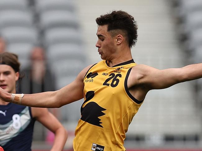 PERTH, AUSTRALIA - JUNE 23: Kayle Gerreyn of Western Australia in action during the Marsh AFL National Championships match between U18 Boys Western Australia and Victoria Metro at Optus Stadium on June 23, 2024 in Perth, Australia. (Photo by Paul Kane/AFL Photos/via Getty Images)