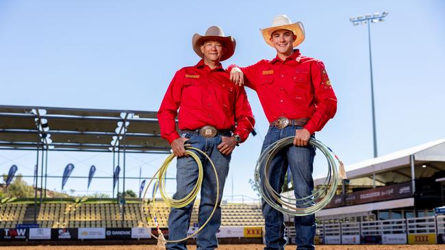 Mount Isa Rodeo 2024 - Shilo Gosbee and son Cordel ahead of the Mount Isa Rodeo. Picture by Luke Marsden.