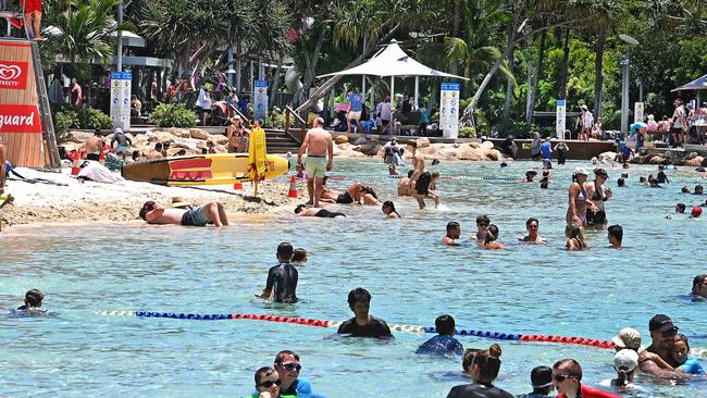 South Bank was a popular cooling off spot as Brisbane’s temperatures climbed beyond the mid-30s on Wednesday. Picture: NewsWire / John Gass