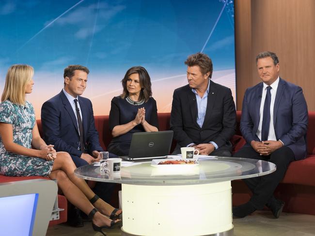 Today show team (from left)  Sylvia Jeffreys, Karl Stefanovic, Lisa Wilkinson, Richard Wilkins and Tim Gilbert on the set of the Channel 9 show which has now won the ratings. Picture: Nine Network.