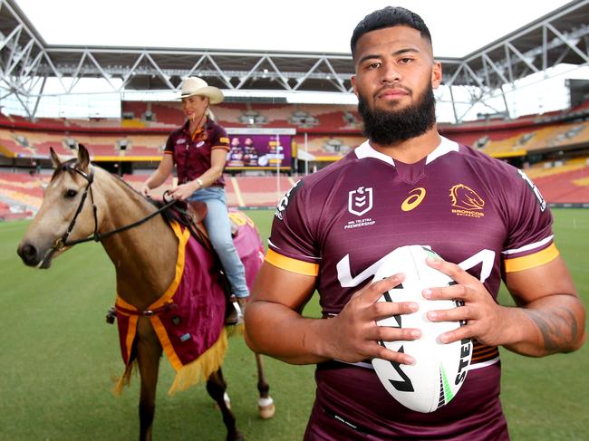 ‘Buck’ helps launch Brisbane’s Round 1 clash in 2022. Picture: Steve Pohlner
