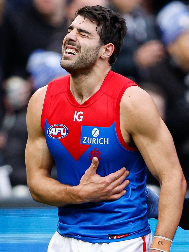 Christian Petracca was injured in Melbourne’s MCG clash with Collingwood. Picture: Getty Images