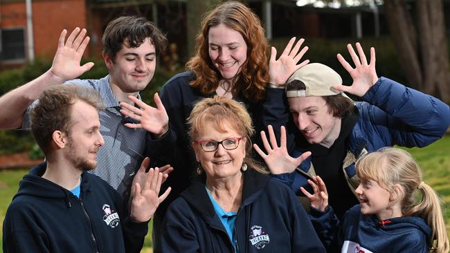 Hills Youth Theatre Director, Di Mason, being farewelled at a retirement afternoon tea on Sunday, with Ben Proeve, Sam Ewart, Di Mason, Jaimi Wilson, Toby Vincent and Lola Bickford. Picture: Keryn Stevens