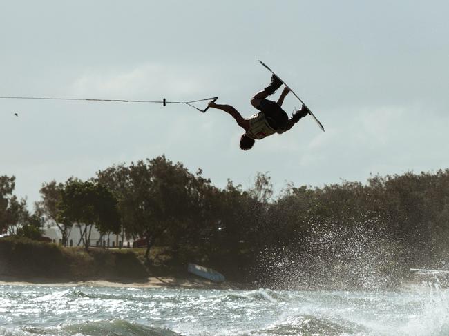 Gold Coast local Nic Rapa in action at the Nautique WWA Wakeboarding World Championships on the Gold Coast on Sunday. Picture: Kaleb Kennedy.