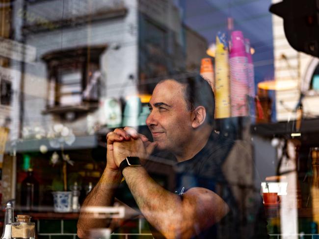 Owner of South End Cafe Anthony Shalala at his cafe that was the location for the Archibald Packing Room Prize portrait of David Wenham by Tessa MacKay. Picture: Jordan Shields