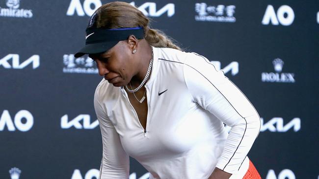 A tearful Serena Williams cut her post-match press conference short. Picture: Tennis Australia/AFP