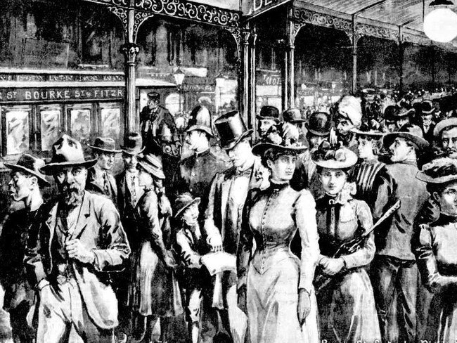 Bustling Bourke St, Melbourne, on a Saturday night in 1895.