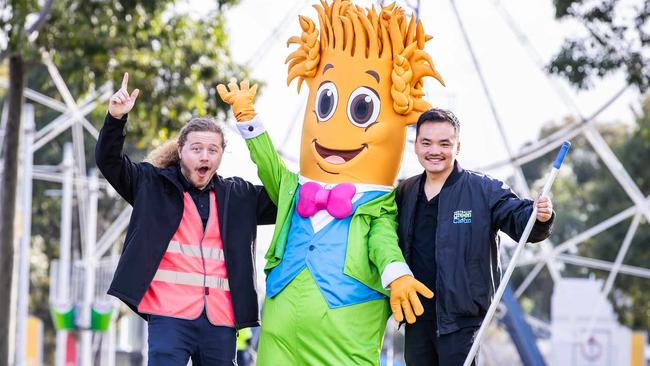 Mr Leatham, Wheatie and Prakash Lama from Australian Green Clean are excited for the lead up to the Show. Picture: Tom Huntley