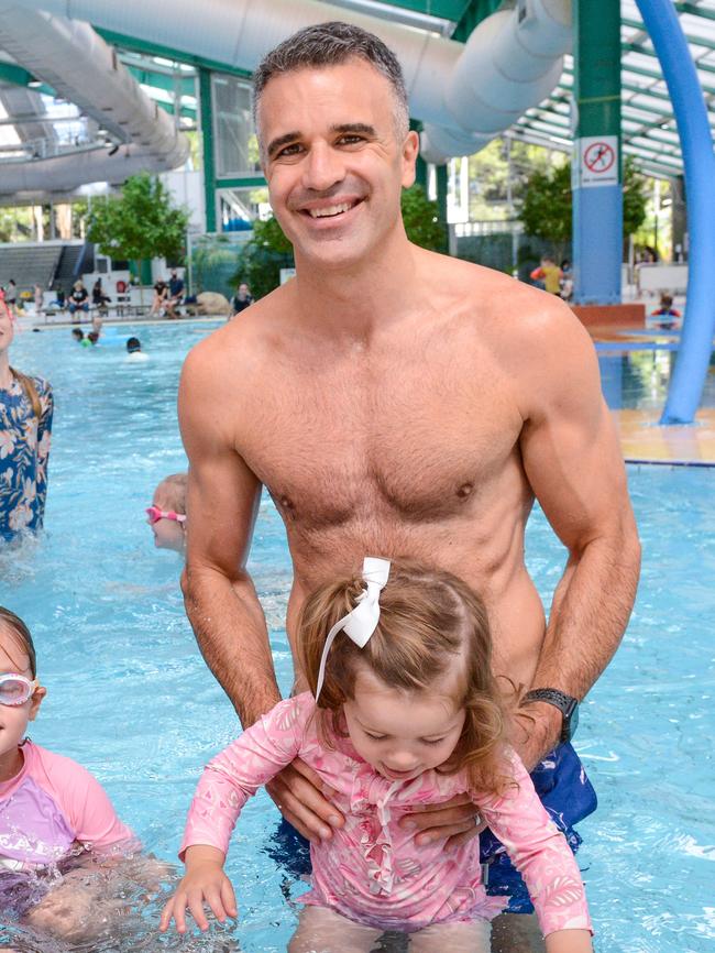 Then-opposition leader Peter Malinauskas with his daughter Eliza at the old Adelaide Aquatic Centre in North Adelaide at the outset of the 2022 election campaign. Picture: Brenton Edwards