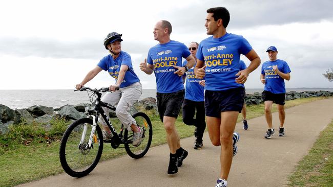 Kerri-Anne Dooley (former Redcliffe LNP candidate), Campbell Newman and David Crisafulli pound the pavement in 2015. Picture: Mark Cranitch