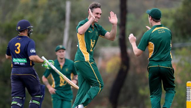 Will Sheridan celebrates a wicket for Yarraville Club. Picture: Mark Dadswell