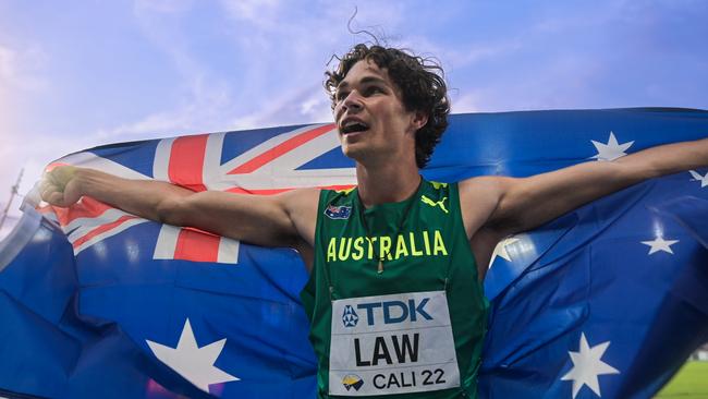CALI, COLOMBIA - AUGUST 04: Calab Law of Team Australia celebrates finishing 3rd in the men's 200m final on day four of the Cali 2022 U20 World Athletics World Championships at Pascual Guerrero Stadium on August 4 2022 in Cali, Colombia. (Photo by Pedro Vilela/Getty Images)