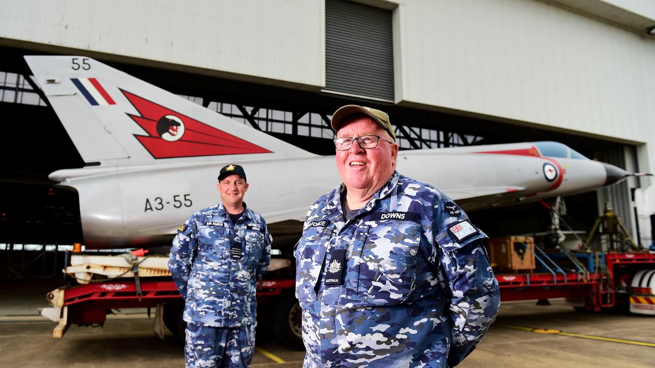 Two restored Royal Australian Air Force aircraft veterans- a Mirage fighter jet A3-55 and a Winjeel Trainer??? A85-403 - arrived at Townsville RAAF Base. WGCDR Mat Green and WO Mike Downs. Picture: Alix Sweeney