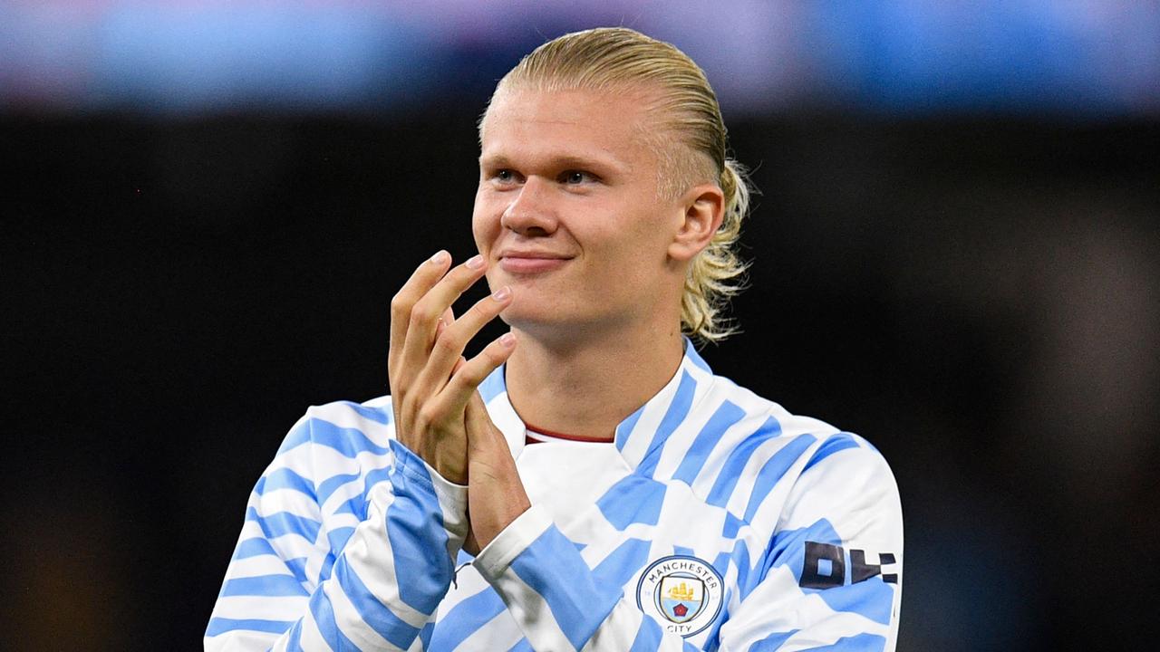 Manchester City's Norwegian striker Erling Haaland applauds as he leaves after the English Premier League football match between Manchester City and Nottingham Forest at the Etihad Stadium in Manchester, north west England, on August 31, 2022. - Man City won the game 6-0. (Photo by Oli SCARFF / AFP) / RESTRICTED TO EDITORIAL USE. No use with unauthorized audio, video, data, fixture lists, club/league logos or 'live' services. Online in-match use limited to 120 images. An additional 40 images may be used in extra time. No video emulation. Social media in-match use limited to 120 images. An additional 40 images may be used in extra time. No use in betting publications, games or single club/league/player publications. /
