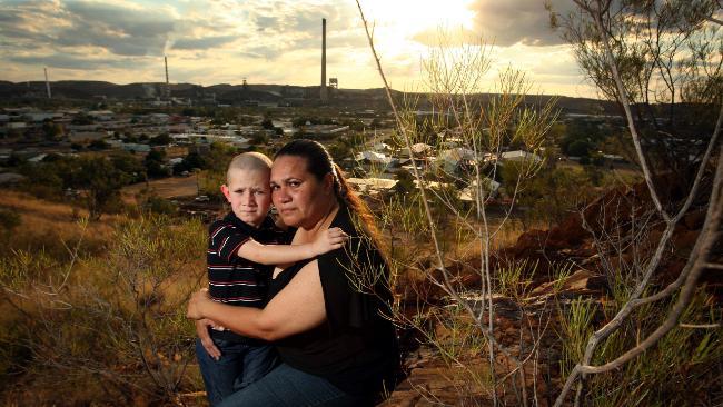 Mount Isa mother Sharlene Body, with son Sidney, whose blood-lead level is three times the WHO threshold. Picture: Lyndon Mechielsen