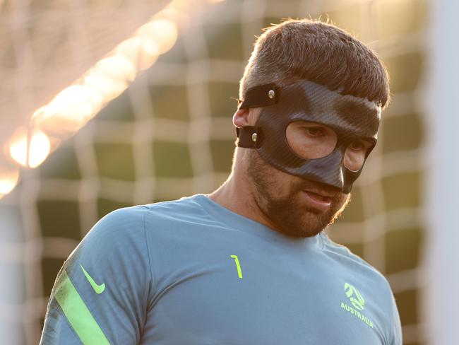 DOHA, QATAR - JANUARY 10: Australian goalkeeper Mat Ryan  looks on during an Australia Socceroos training session ahead of the the AFC Asian Cup at Qatar University Field 11 on January 10, 2024 in Doha, Qatar. (Photo by Robert Cianflone/Getty Images)