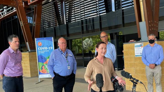 Health and Ambulance Services Minister Yvette D'Ath at the Cairns Convention Centre last week with Tourism Tropical North Queensland CEO Mark Olsen, Cairns and Hinterland Hospital and Health Service chairman Clive Skarott, Cairns Airport CEO Richard Barker and deputy chief health officer Dr. James Smith. Picture: Peter Carruthers