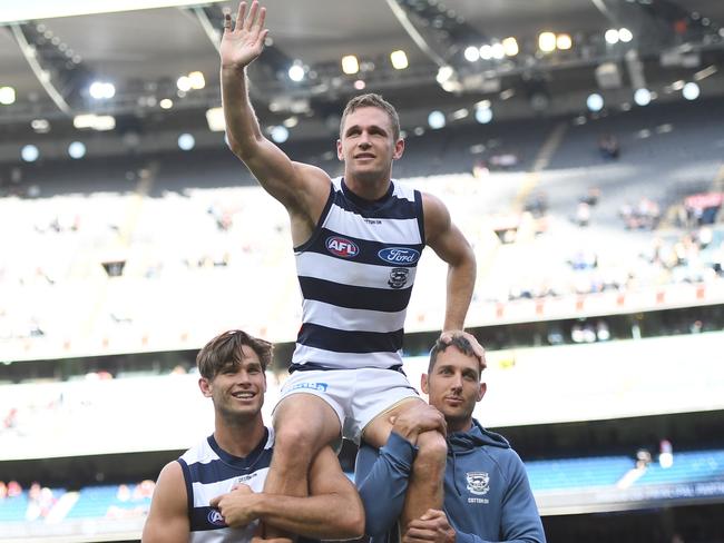 Joel Selwood celebrates after his 250th game. Picture: AAP Images