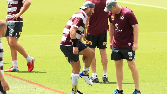 Brenko Lee looks to have injured a calf during training and leaves the field as the Queensland Origin team hold their Captains run at Cbus Stadium ahead of game one in Adelaide. Pics Adam Head