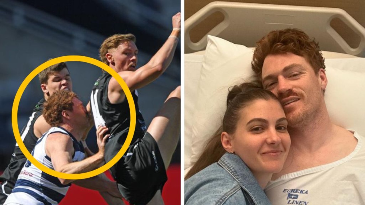 Gary Rohan copping the hit and in hospital. Photos: AAP/Instagram