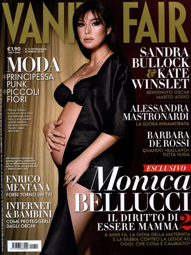 A pregnant Monica Bellucci on the cover of Vanity Fair magazine, Italy, March 2010. Picture: Vanity Fair
