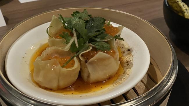 Dumplings - prawn shu mai with smoked trout roe, chilli oil and sichuan salt. Picture: Grace McKinnon