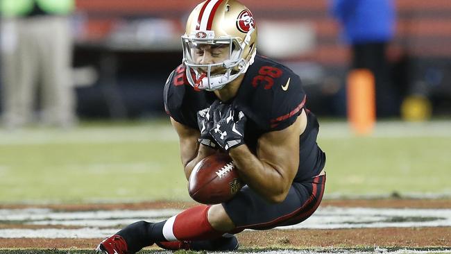 The moment Jarryd Hayne fumbles a punt during Monday Night Football when the San Francisco 49ers hosted the Minnesota Vikings. Picture: AP Photo/Tony Avelar