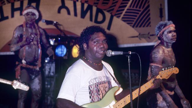 Mandawuy Yunupiŋu with Yothu Yindi, c.1989. Picture: David Hancock