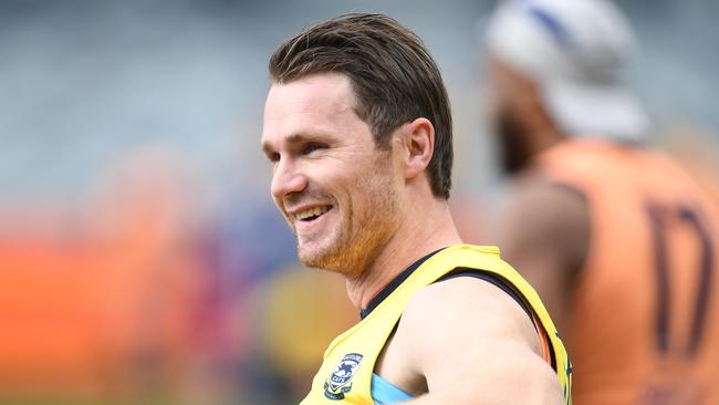 The SuperCoach Investor found it hard to smile after Patrick Dangerfield’s hip flexor blow on Friday. Picture: AAP Image/Julian Smith.