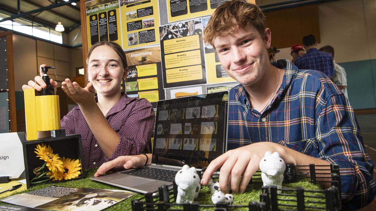 Combined St Ursula's / St Mary's Colleges team members Sapphira Rogers and Nate Fry with their hand sanitiser solution from stopping gems spreading between humans and animals at the STEM advanced manufacturing Makers Empire schools showcase at The Salo Centre, St Ursula's College, Monday, November 4, 2024. Picture: Kevin Farmer