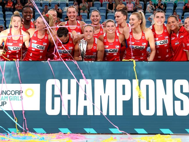 SYDNEY, AUSTRALIA - MARCH 24: The Sydney Swifts celebrate after winning the 2024 Suncorp Team Girls Cup match between the Vixens and the Swifts at Ken Rosewall Arena on March 24, 2024 in Sydney, Australia. (Photo by Mark Metcalfe/Getty Images for Netball Australia)