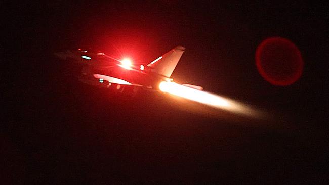 A RAF Typhoon aircraft takes off from Cyprus on Thursday night to join the US-led coalition to conduct airstrikes against Houthi targets in Yemen. Picture: AFP