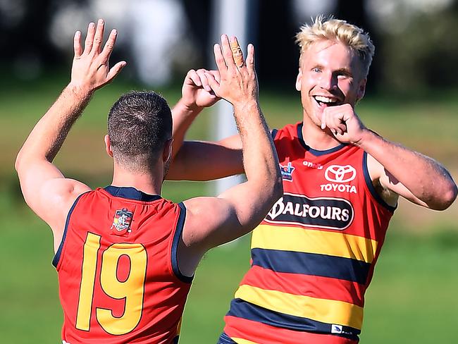 Billy Frampton of the Crows celebrates a goal with Matthew Wright of the Crows during the  SANFL game between Central District and Adelaide at Elizabeth Oval.Saturday April,24,2021.Picture Mark Brake