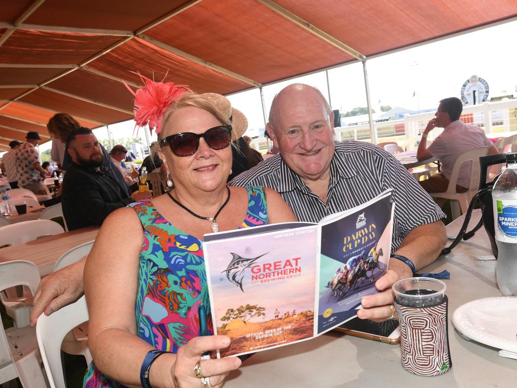 Debbie Saber and Kevin Saber enjoy the 2019 Darwin Cup. Picture: KATRINA BRIDGEFORD