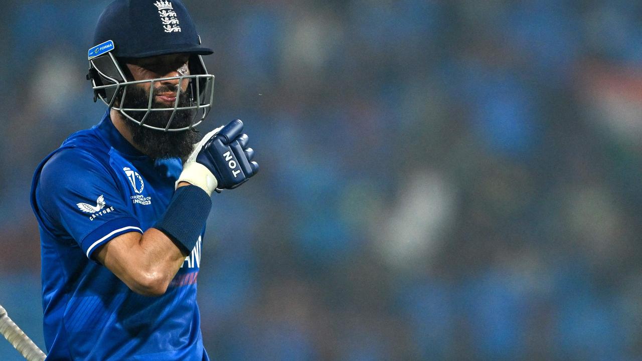 England's Moeen Ali walks back to the pavilion after his dismissal against India. The heavy defeat has England on the brink of missing the 2025 Champions Trophy. Picture: AFP