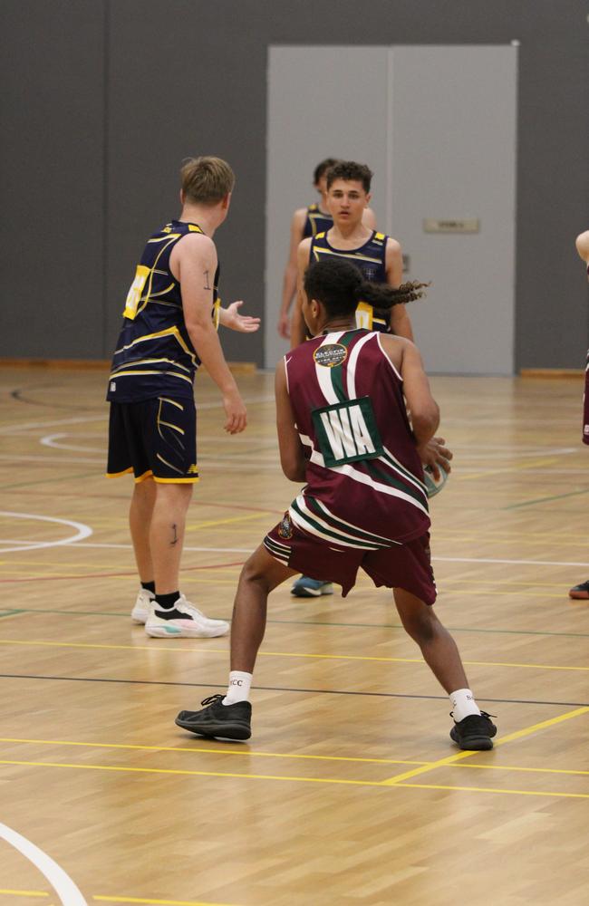 Netball action at QISSN 2024 held in Townsville. (Boys) Mt Maria College v St Catherine's Catholic College
