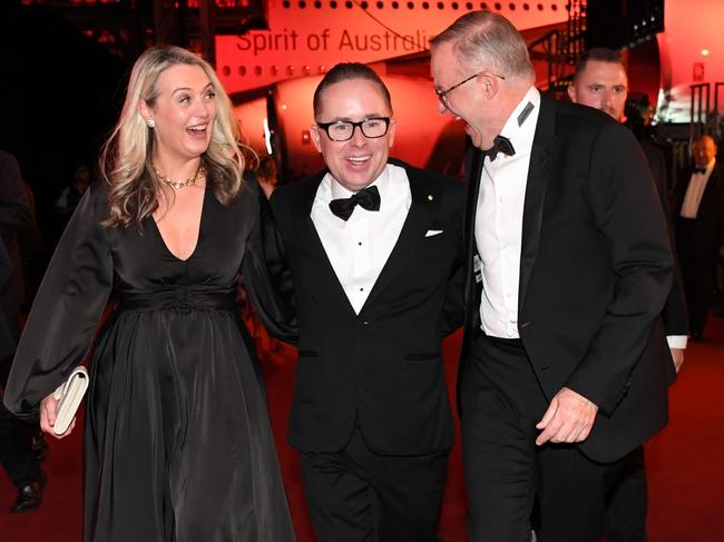 SYDNEY, AUSTRALIA - MARCH 31: (L-R) Jodie Haydon, Alan Joyce and Anthony Albanese at the Qantas 100th Gala Dinner at hangar 96 at Sydney's International Airport on March 31, 2023 in Sydney, Australia. (Photo by James D. Morgan/Getty Images)