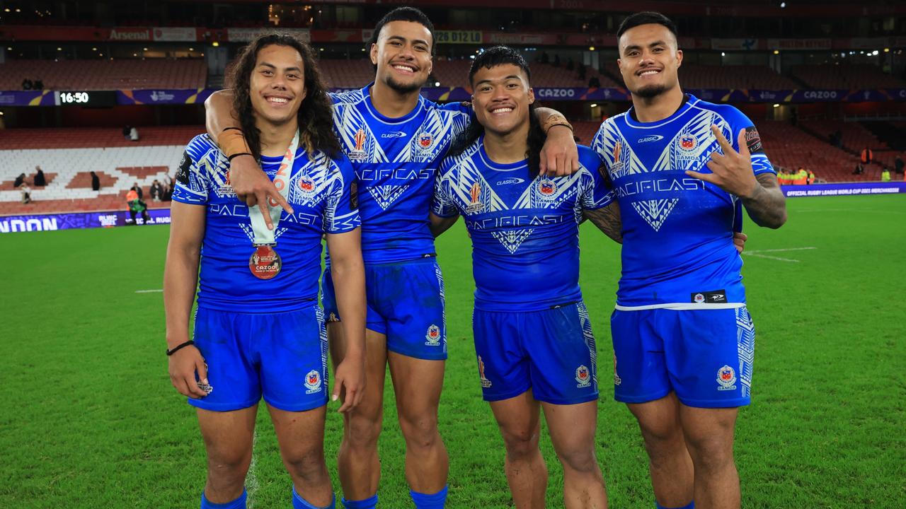 (L-R) Panthers stars Jarome Luai, Stephen Crichton, Brian To'o and Spencer Leniu of Samoa pose for a photo following their side's victory in the Rugby League World Cup Semi-Final against England. (Photo by Matthew Lewis/Getty Images for RLWC)