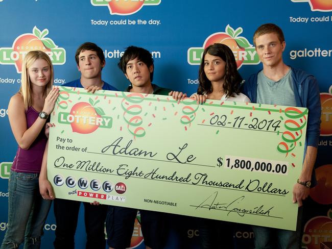 Winning the lottery ... Virginia Gardner is Christina Raskin, Sam Lerner is Quinn Goldberg, Allen Evangelista is Adam Le, Sofia Black D'Elia is Jessie Pierce, and Jonny Weston is David Raskin in Project Almanac.