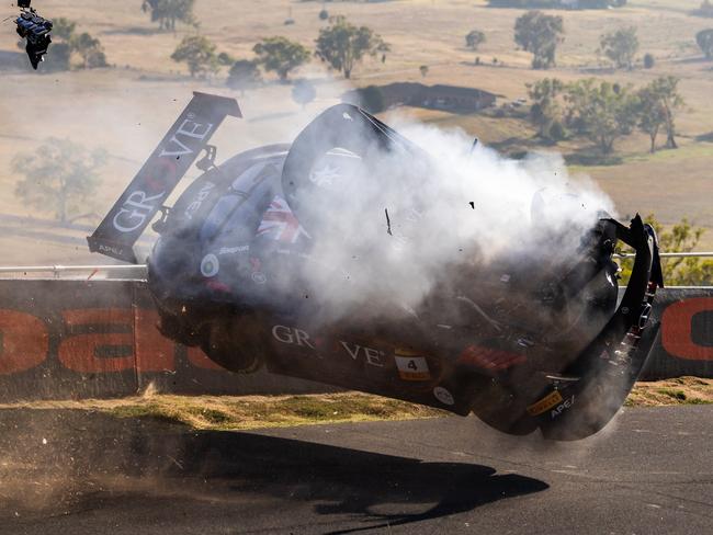 BATHURST, AUSTRALIA - FEBRUARY 02: Stephen Grove driver of the #4 Grove Racing Mercedes-AMG GT3 crashes during the Bathurst 12 Hour at Mount Panorama on February 02, 2025 in Bathurst, Australia. (Photo by Daniel Kalisz/Getty Images)