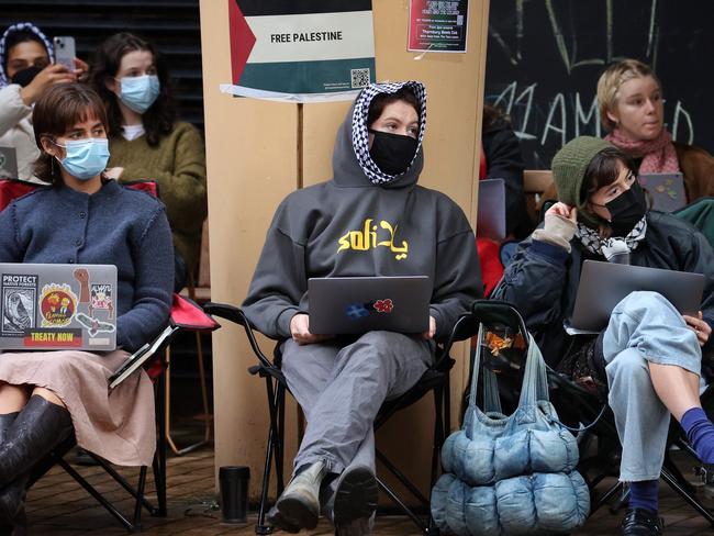 MELBOURNE, MAY 20, 2024: Students and staff at Melbourne University continue to protest for Palestine at the Arts West building. Picture: Mark Stewart