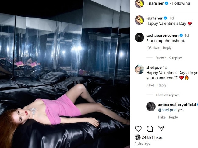 Sacha Baron Cohen commented on Isla Fisher’s raunchy photos in their first public exchange in months. Picture: Instagram