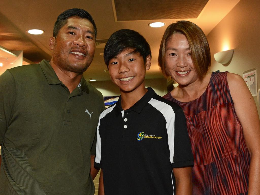 Vince, Kobi and Ayumi Nouanrasy at GC Academy of Sport Awards night at Southport Sharks, Parkwood. Pic: Regina King.