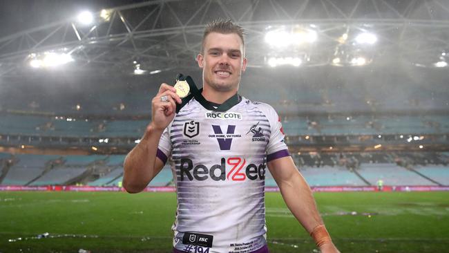 Ryan Papenhuyzen poses with the Clive Churchill Medal after winning Man of the Match in last year’s grand final. Picture: Getty