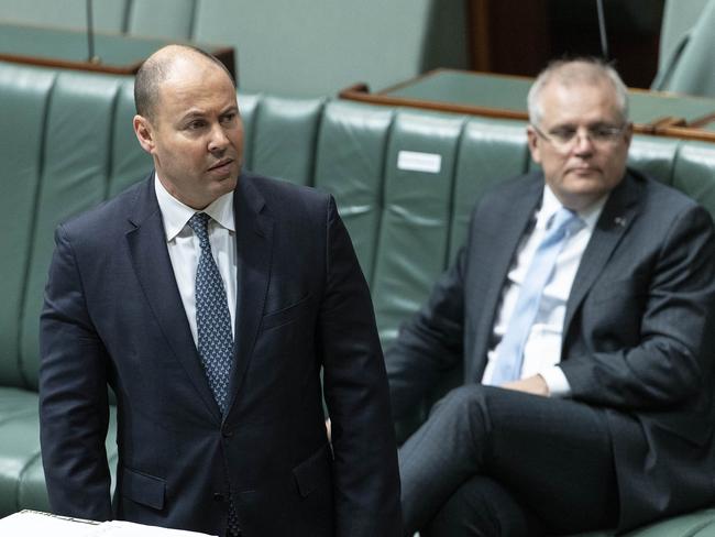 Josh Frydenberg and Scott Morrison in parliament yesterday. Picture: Gary Ramage